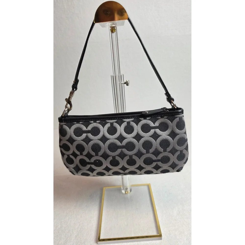 Coach Signature C Small Wristlet Shoulder Bag Black Grey Jacquard Purple Lining